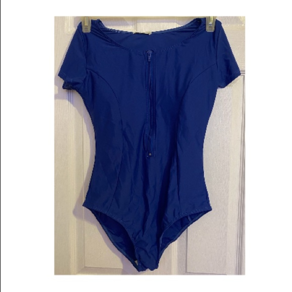navy blue zip up one piece swimsuit